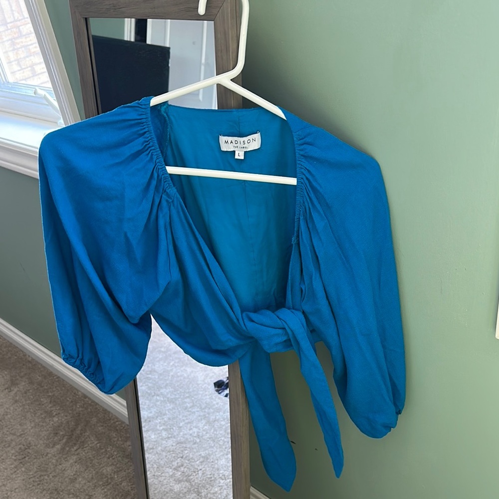 Madison Blue Puff Sleeve Tie Front Crop Blouse